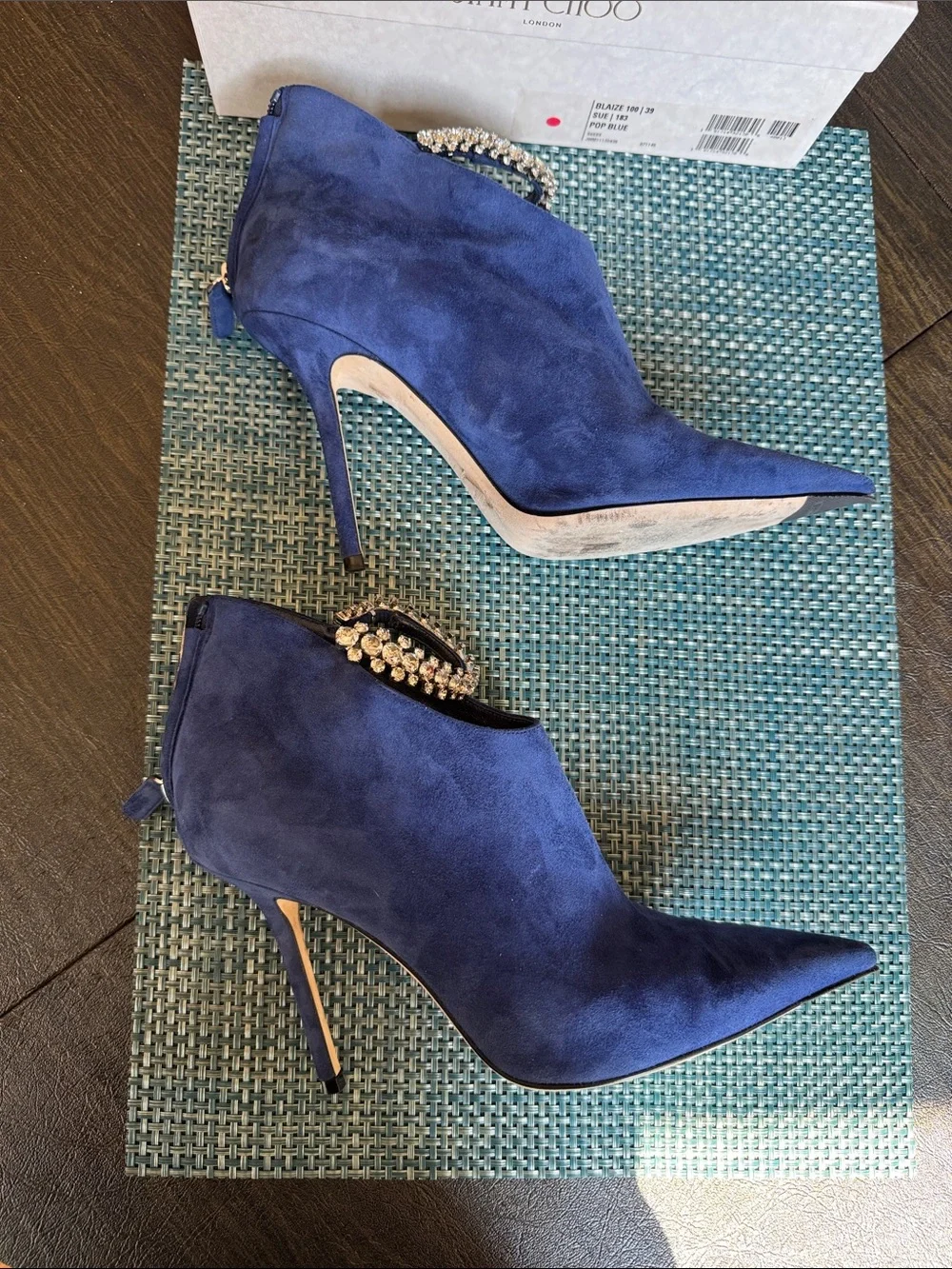 Jimmy Choo Blue Suede Stiletto Booties with Crystal Anklet